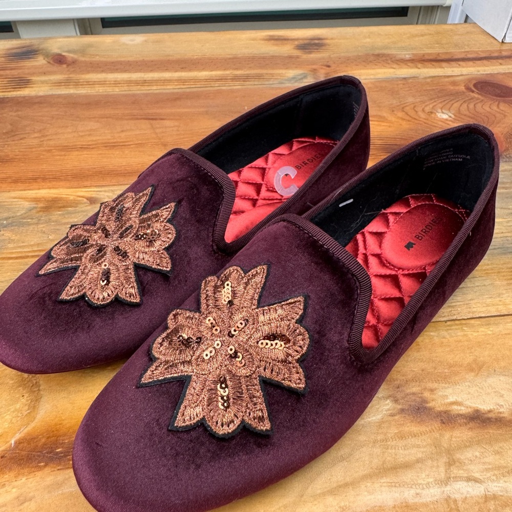 Birdies Burgundy Velvet Flats with Bronze Floral Appliqué